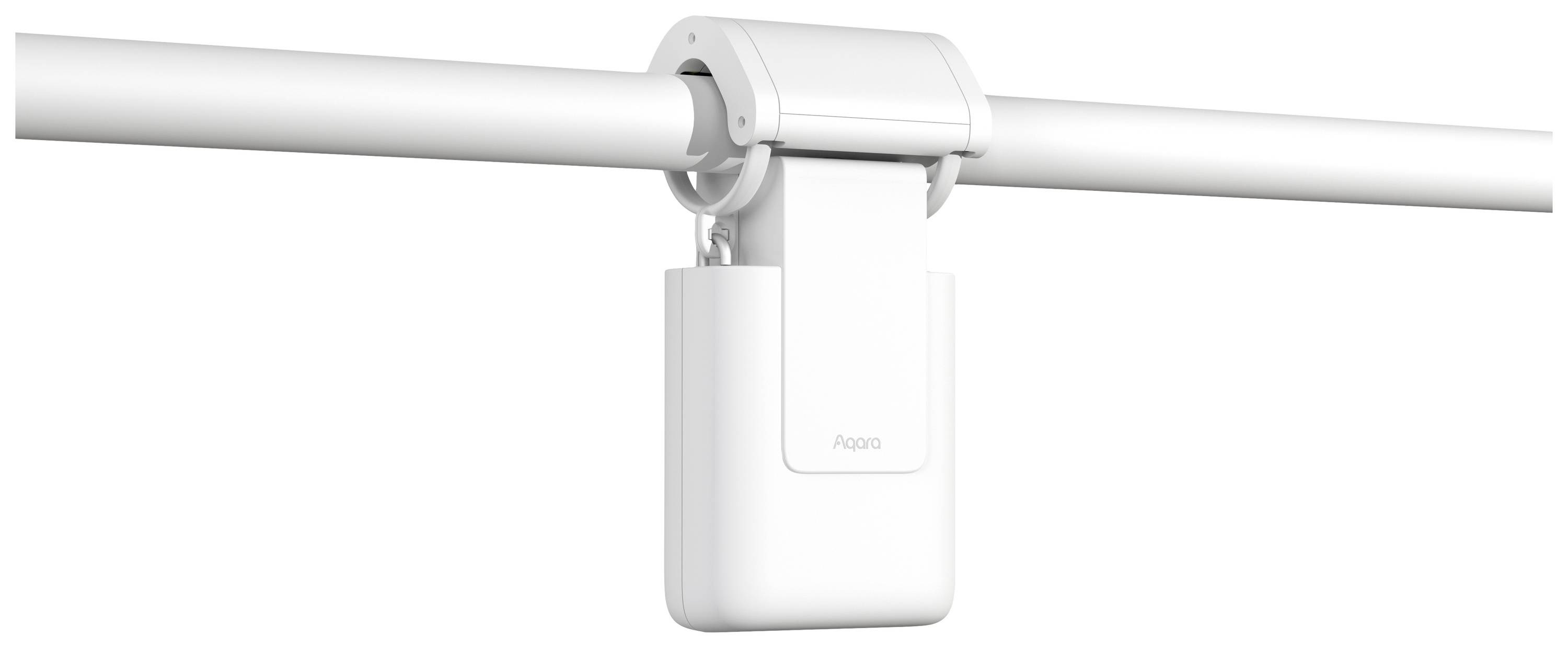 Motorised curtain track carrier on a white rail, used for automatic curtain control in a smart home system.