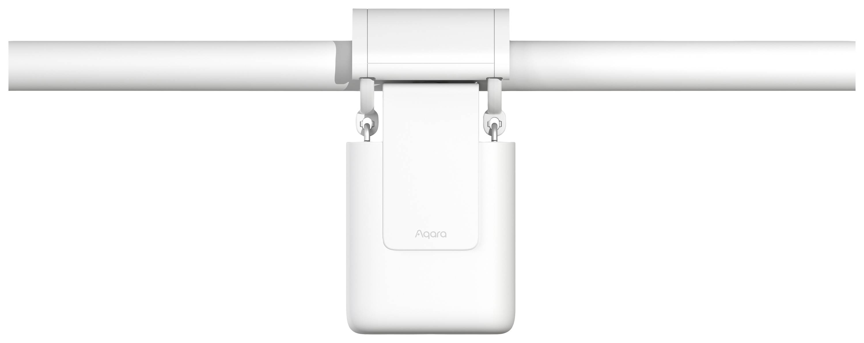 A white electric curtain motor is hanging from a curtain rail. Ideal for automating curtains in modern flats.