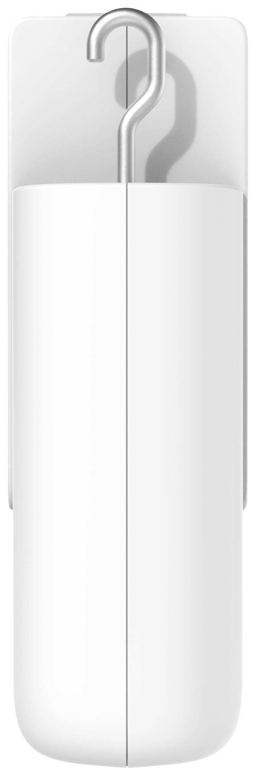 A folded white umbrella in a narrow, rectangular case, with a hook visibly attached to the top.