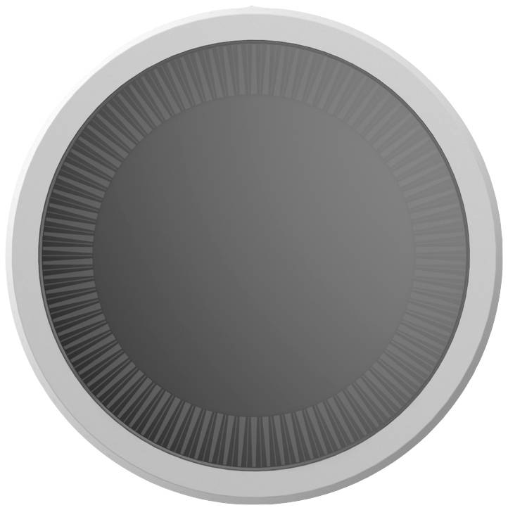 A round, grey speaker with a radial pattern on the cover, suitable for playing music or other audio content.