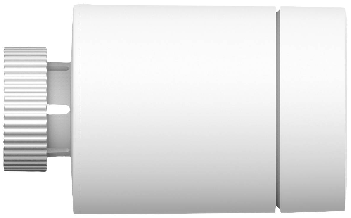 A white, cylindrical radiator thermostat with a ridged adjustment dial is pointing to the right.