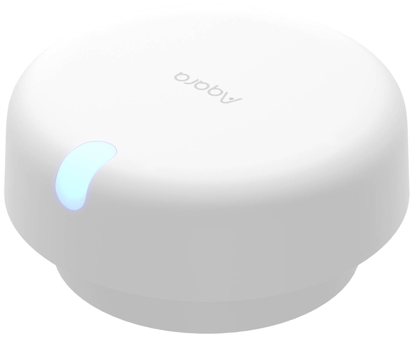 A white, round device with a blue LED display is illuminating. The surface bears the inscription 'aqara'.