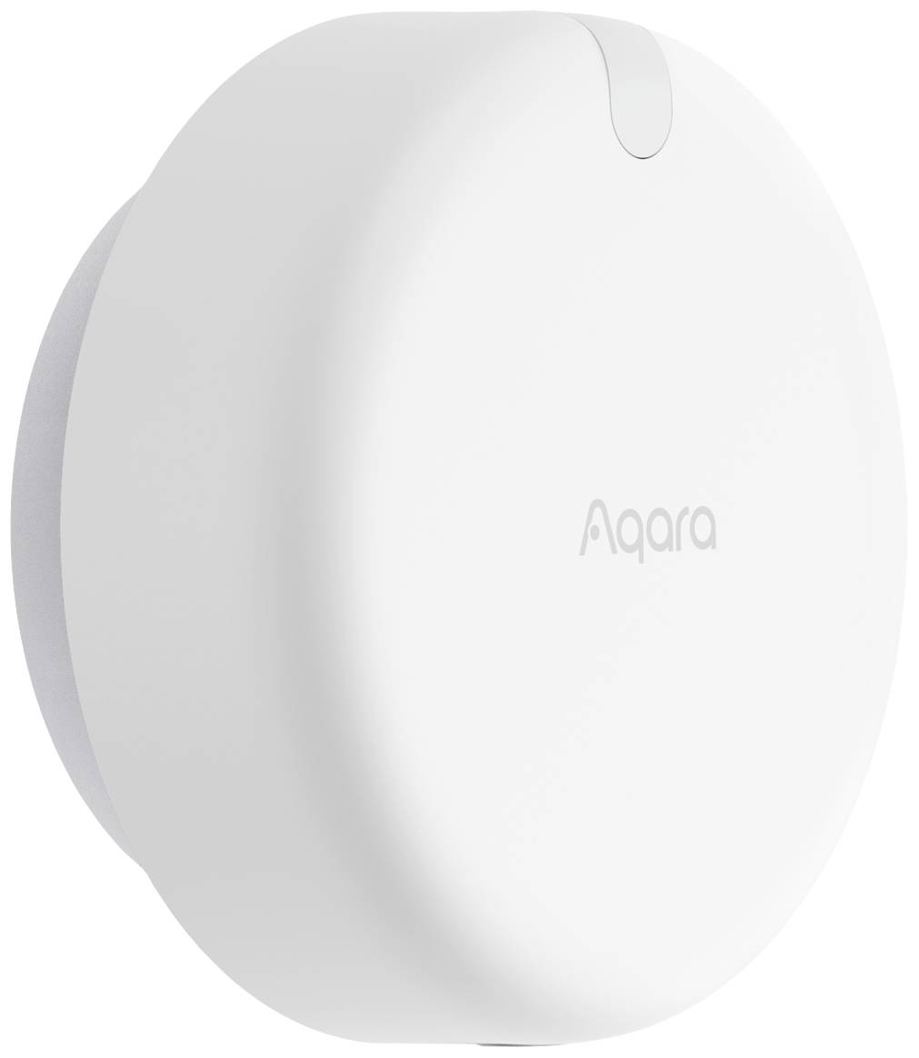 A white, round smart home sensor with the 'Aqara' logo on the front. It is mounted on walls for home automation purposes.
