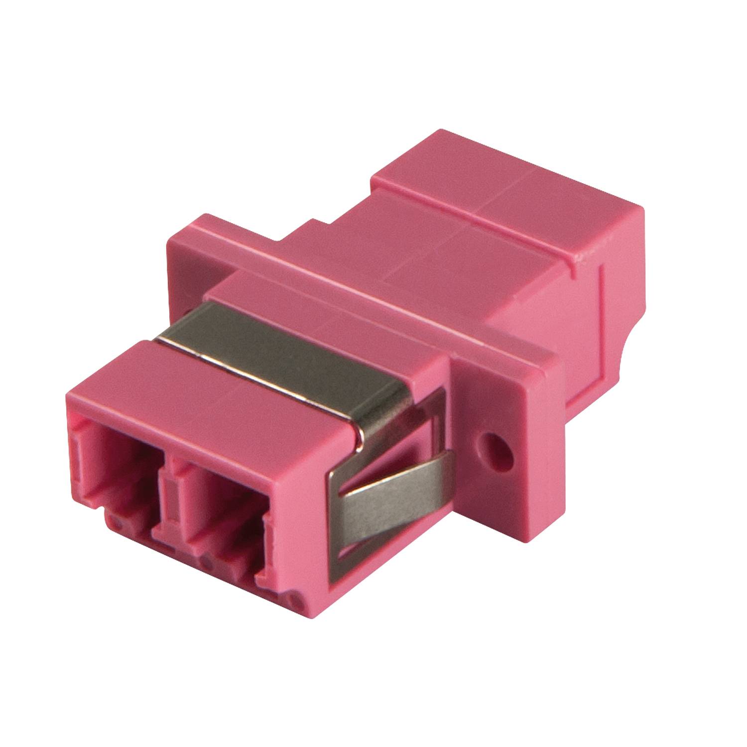 A pink fibre optic ST adapter with duplex connection layout, used for connecting two optical fibre cables.