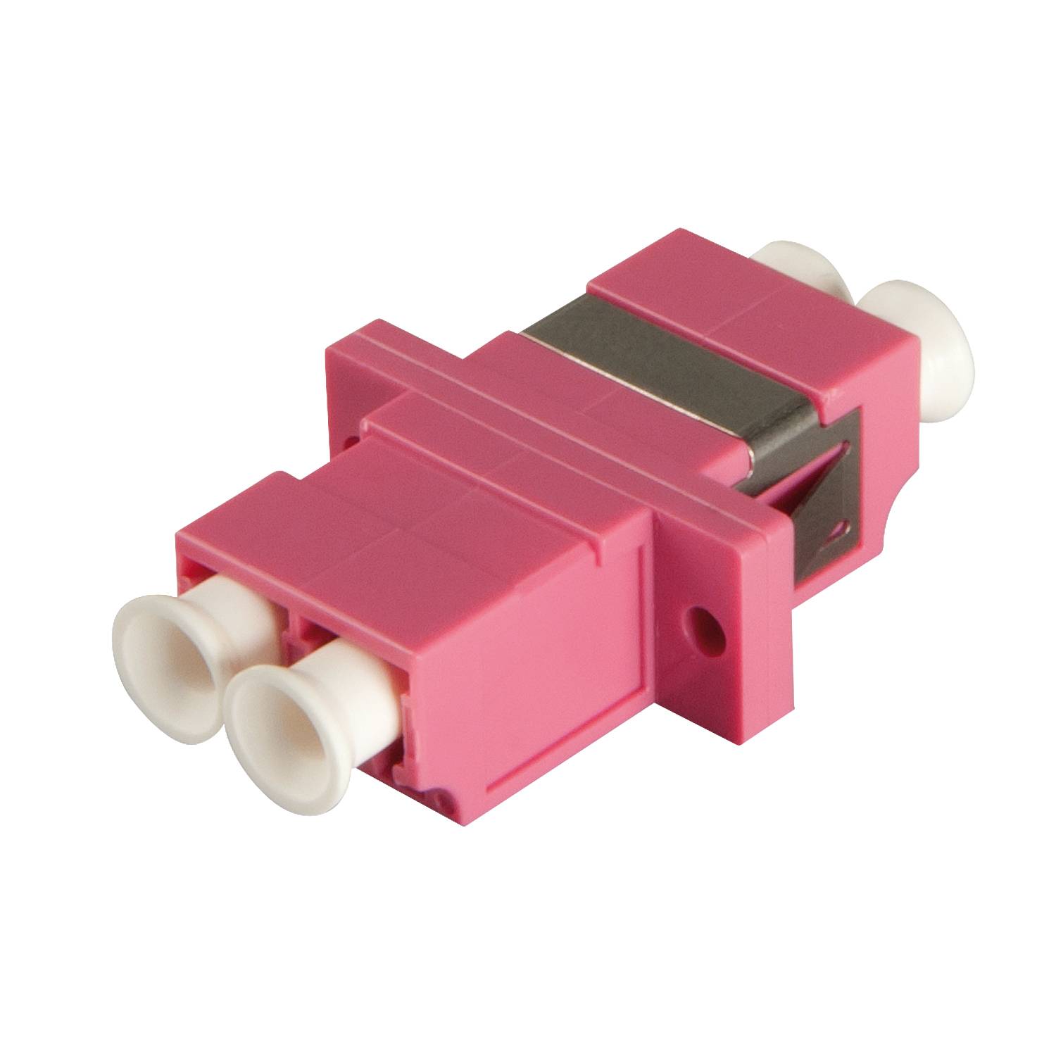 A pink plastic LC-duplex adapter used for connecting optical fibre cables.