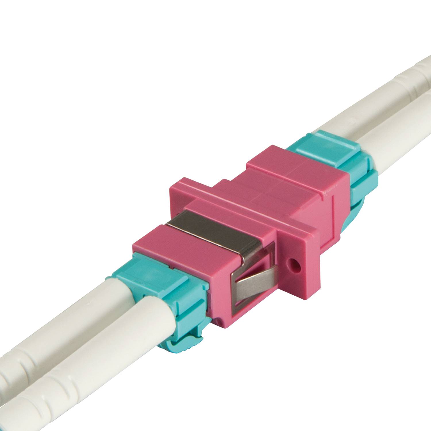 A pink fibre-optic connector with blue inserts connects two white cables.