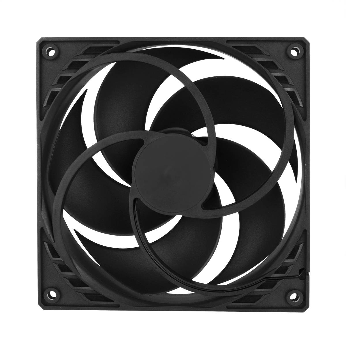 Black computer fan in a square housing, with five curved blades for cooling.