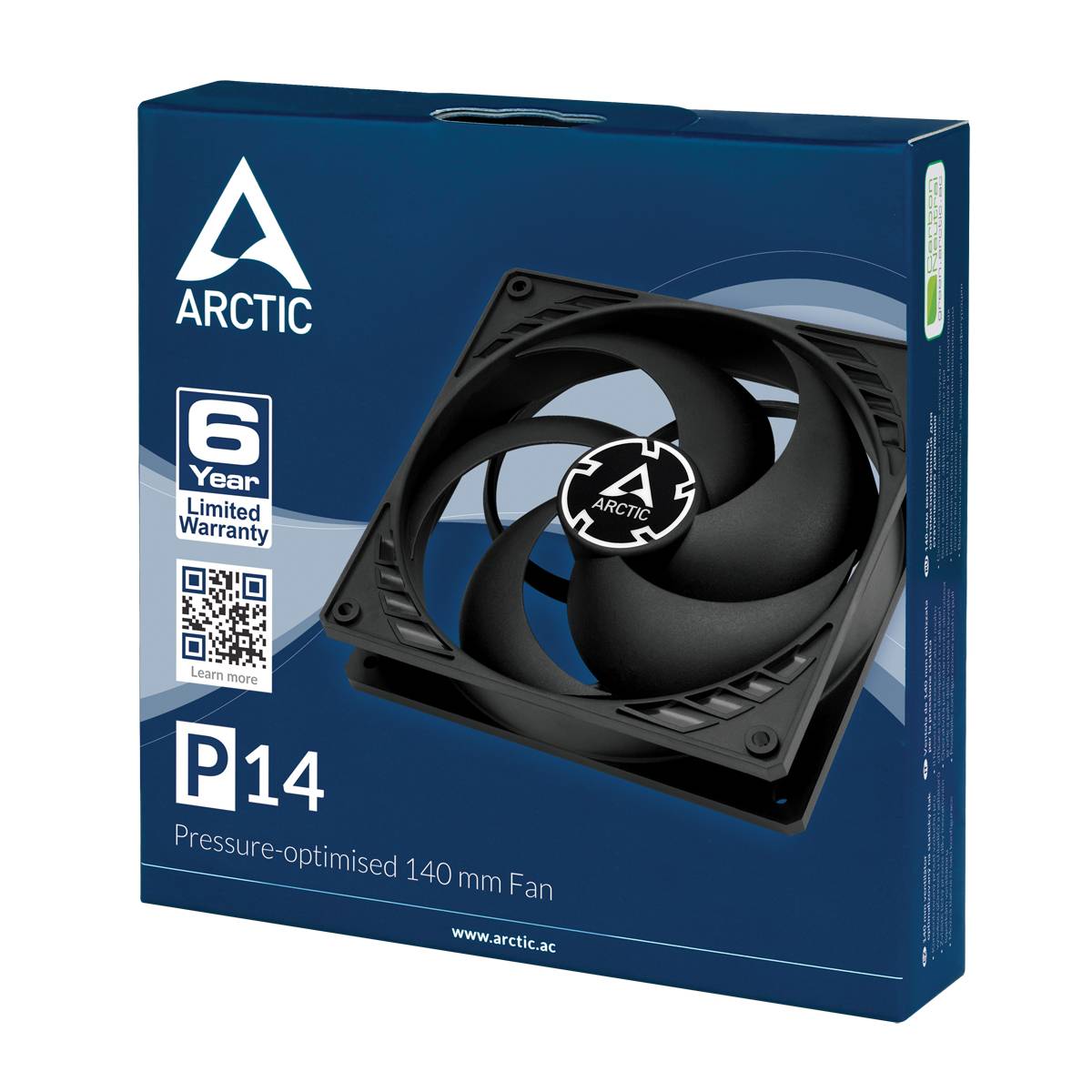 Packaging of a 140 mm fan by Arctic, model P14. Label reads: '6 Year Warranty'. Suitable for cooling purposes.