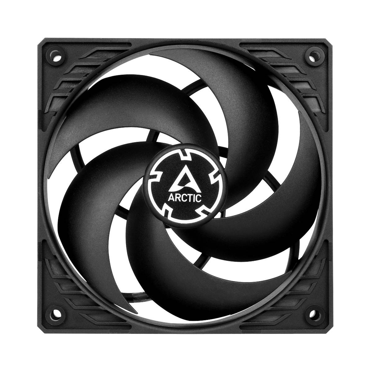 A black computer fan with five curved blades and the word 'Arctic' in the centre.