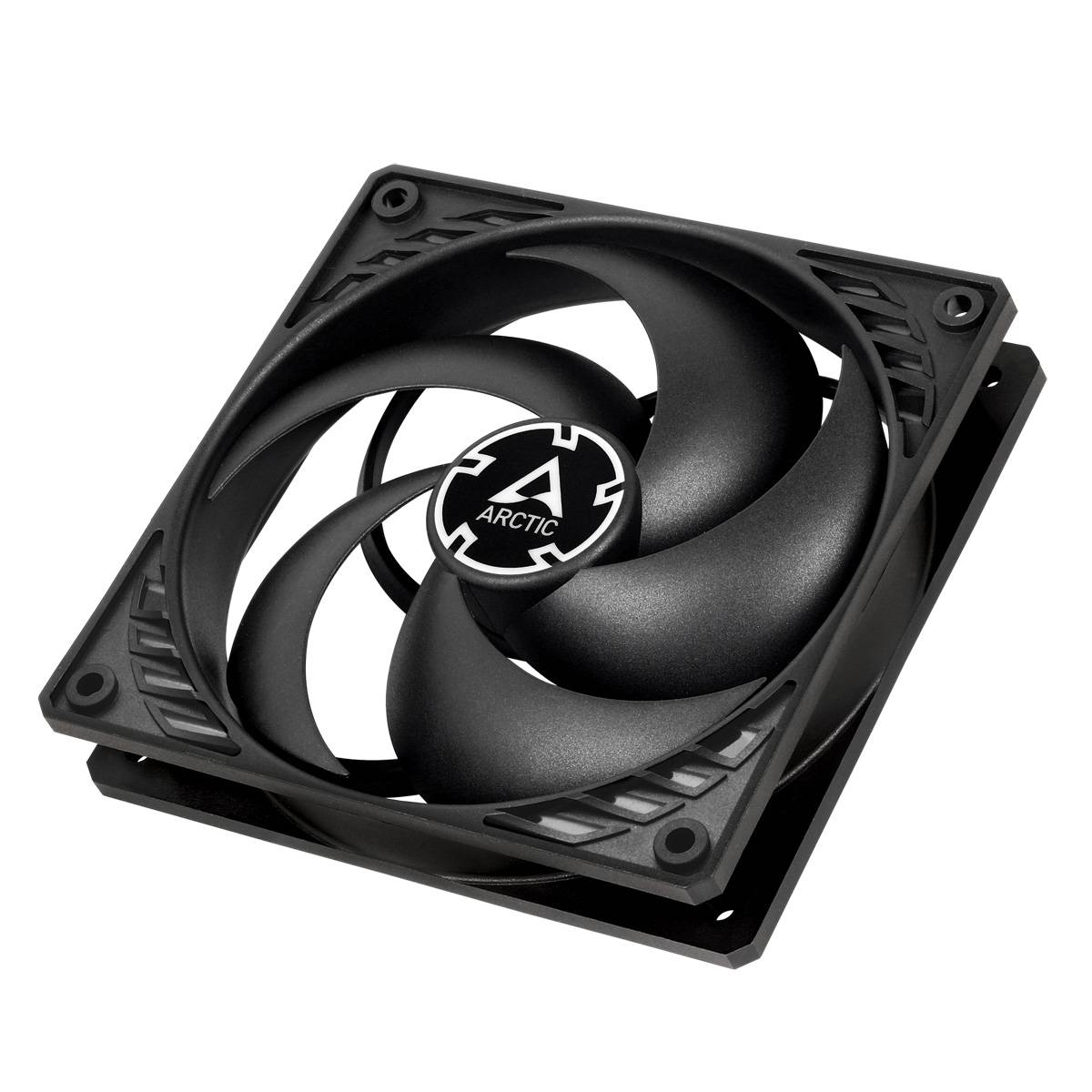 A black computer fan by Arctic with curved blades, designed for efficient cooling of hardware components.