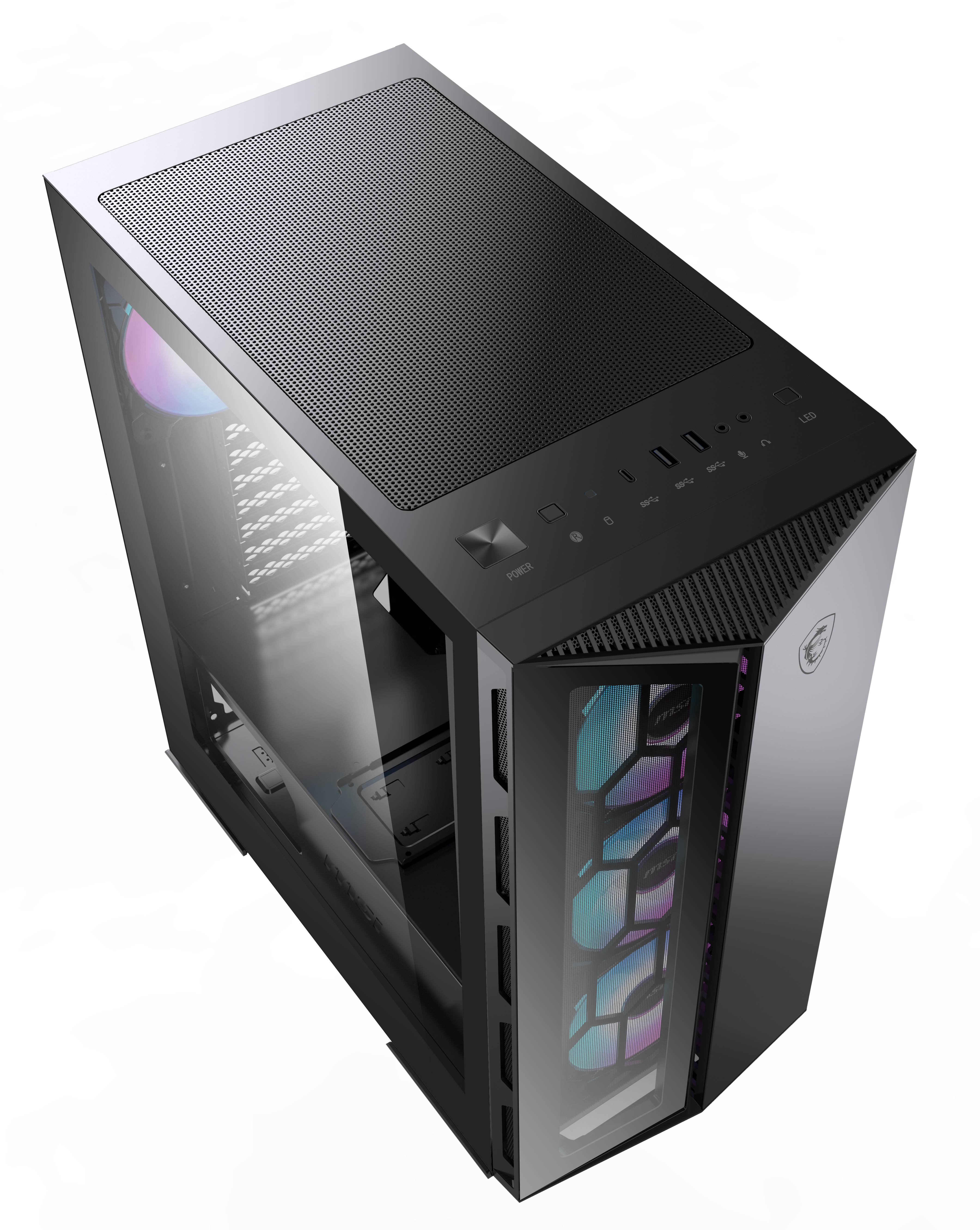 Black PC case with a transparent side window, three illuminated fans at the front, connections and controls visible at the top.