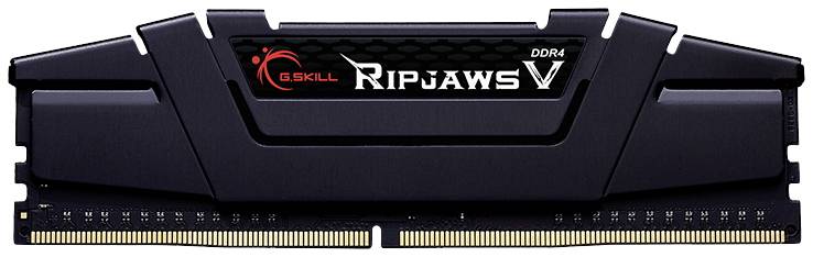 A black G.Skill Ripjaws V DDR4 RAM module, front view, showing the Ripjaws logo and pins at the bottom.