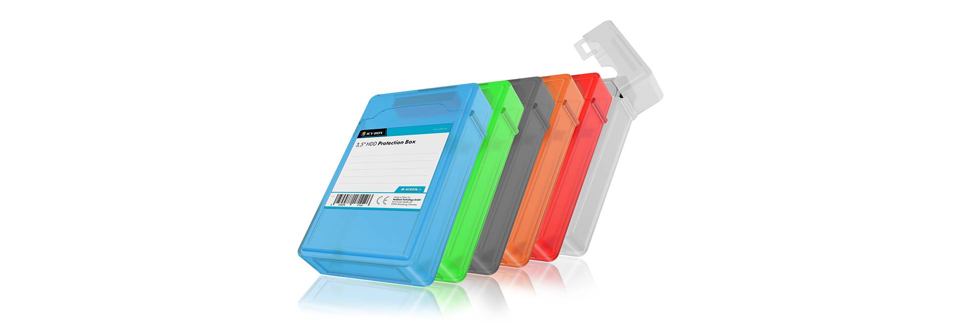 Five DVD cases in different colours, arranged in a floating design. Colours from front to back: Blue, Green, Red, Orange, Grey.