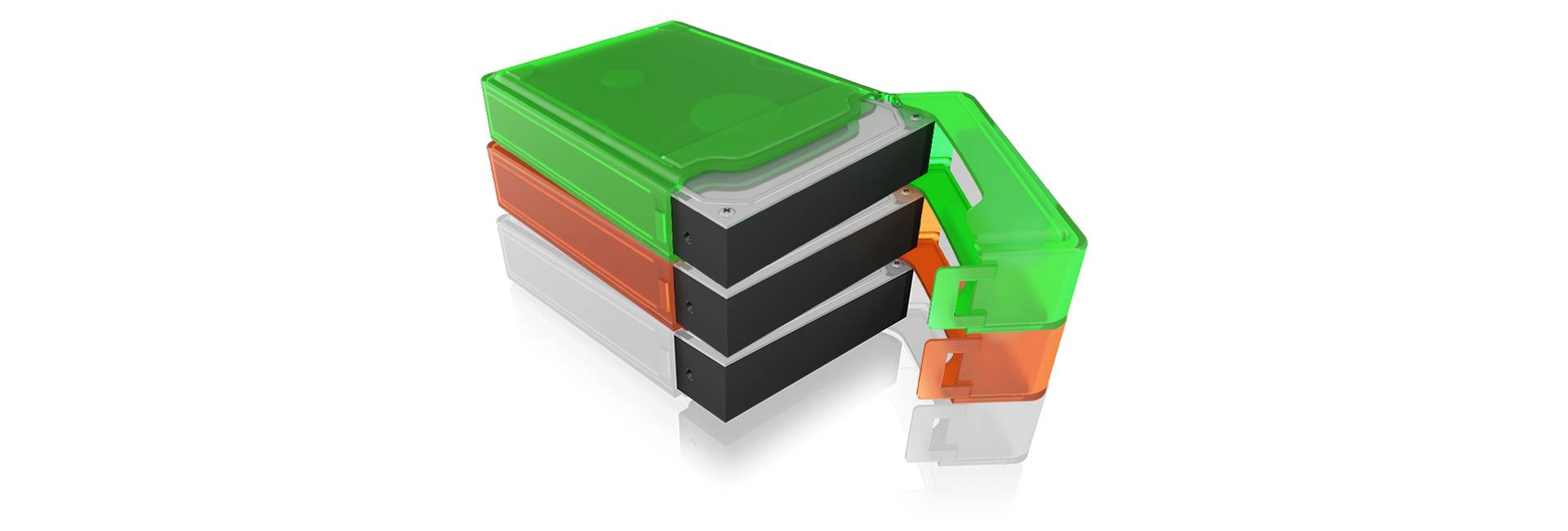 Three stacked hard drives with transparent, coloured sleeves: two green ones on the top and bottom, an orange one in the middle. Reflective surface.
