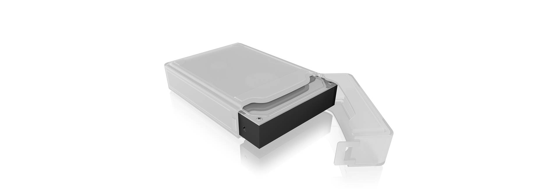 A transparent plastic case reveals an external hard drive. The case lies slightly open beside it and protects the device.