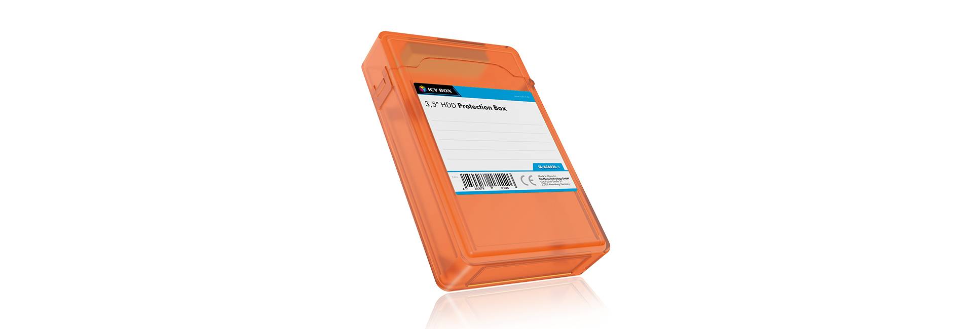 An orange storage box for LTO data tapes with a white label and barcode on the front.