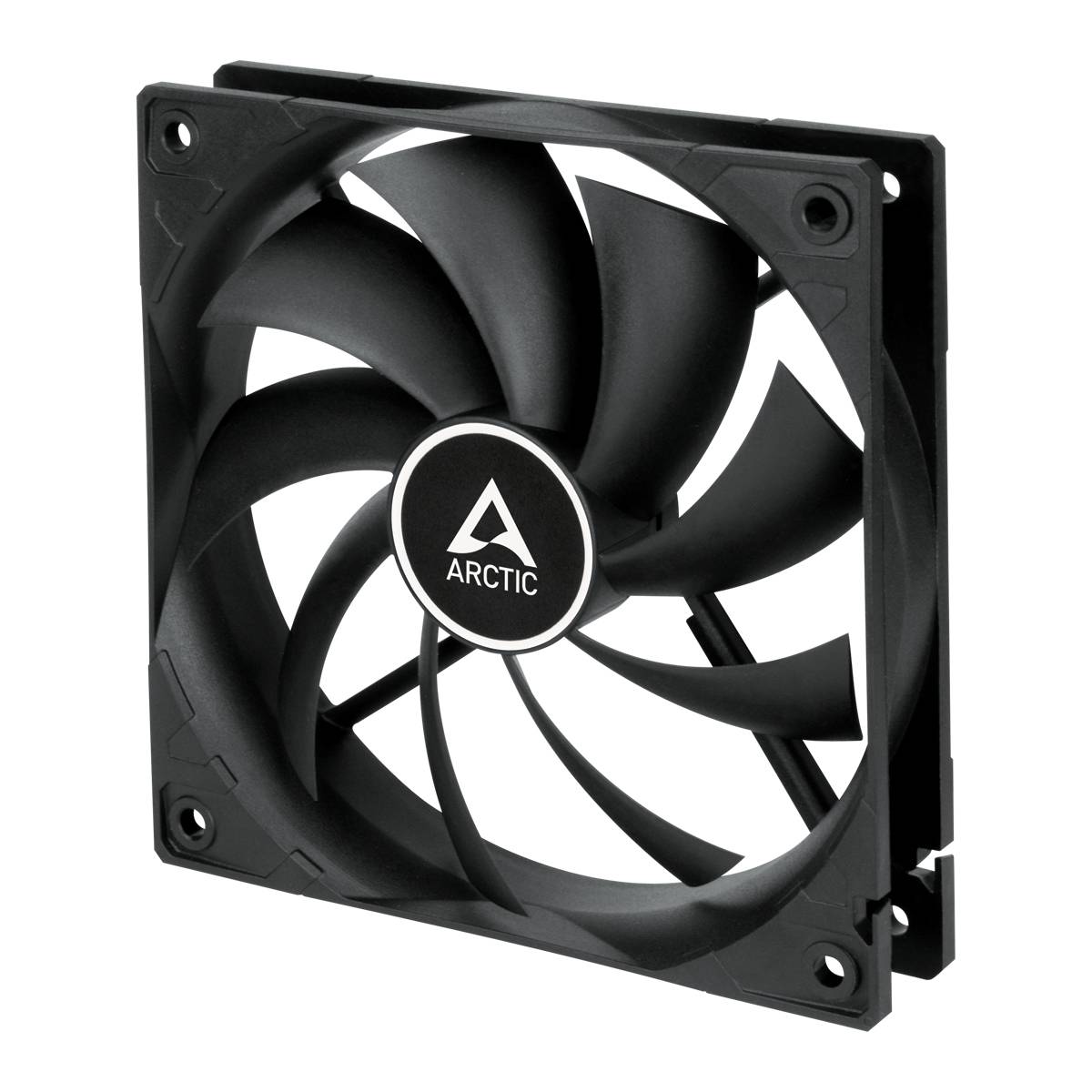 Black computer fan by Arctic brand with nine rotor blades. Rectangular shape, suitable for cooling computer components.