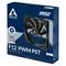 'ARCTIC F12 PWM PST' black case fan in blue packaging with 10-year guarantee, image shows front of the product.