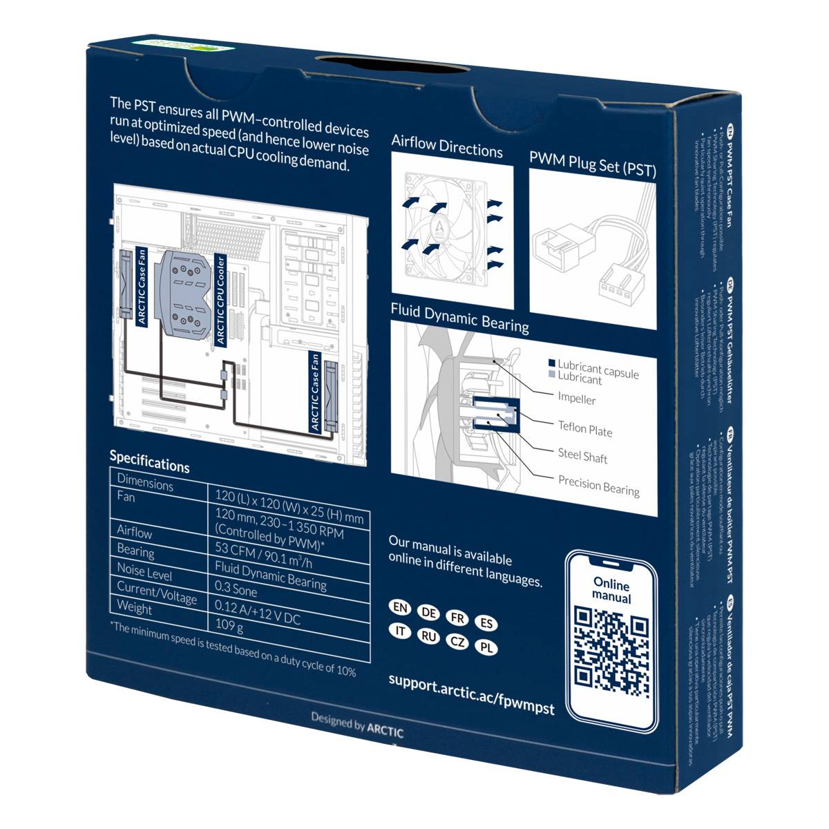 Packaging for a computer cooler. Shows specifications, airflow diagrams and an image of the mounting configuration. Includes online support.