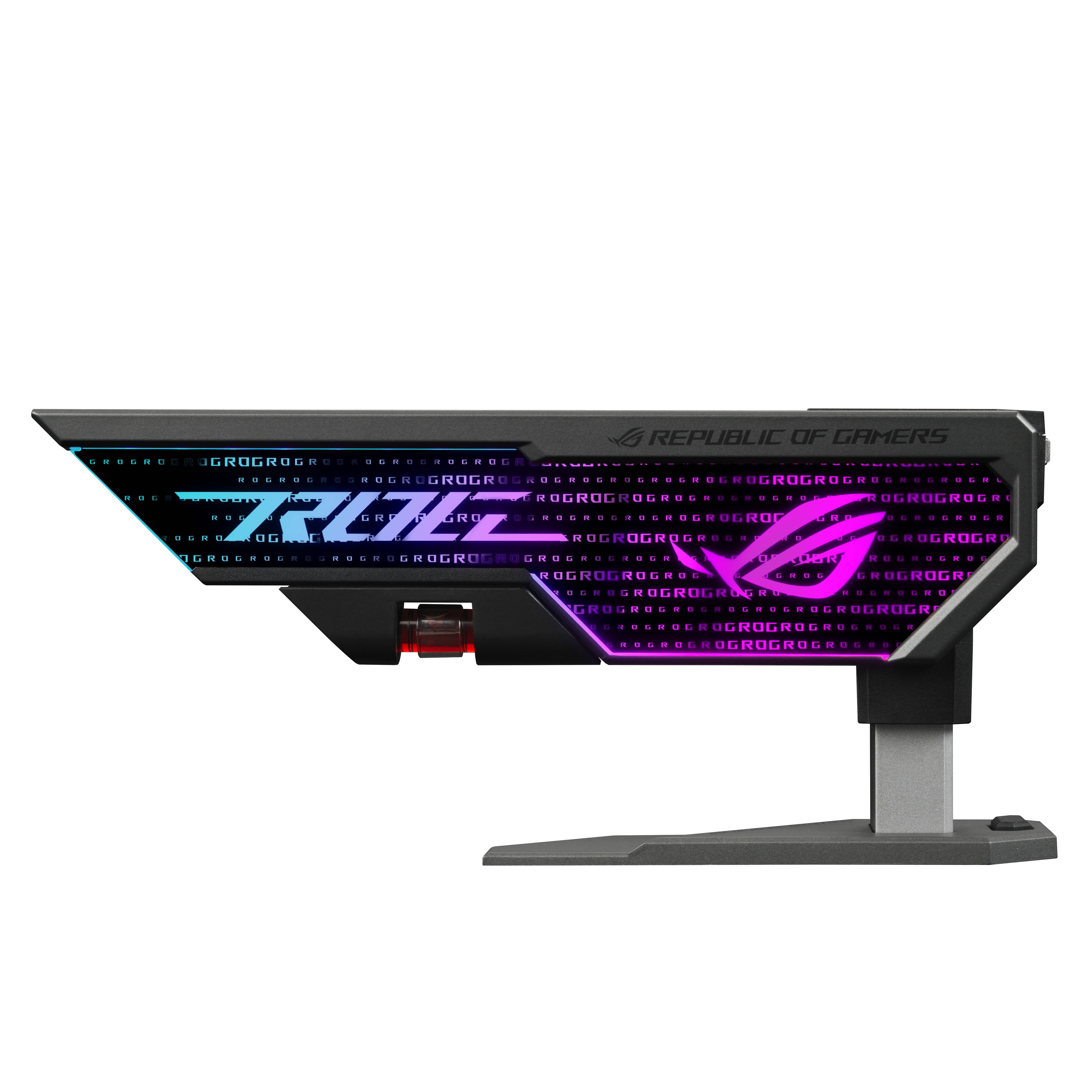 'Side view of a gaming monitor with prominent LED backlighting, mounted on a sturdy stand.'