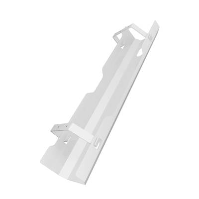 White metal bracket, photographed at an angle. Primarily used as a fixing element, rectangular with side recesses.