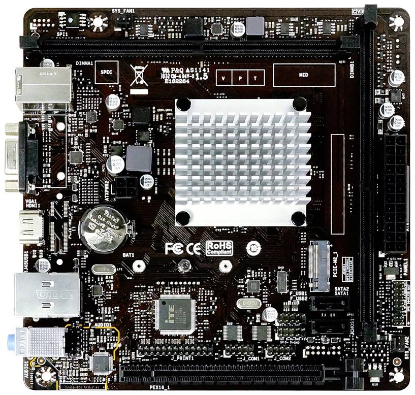 A computer motherboard with various electronic components such as processor socket, memory slots, and connectors.