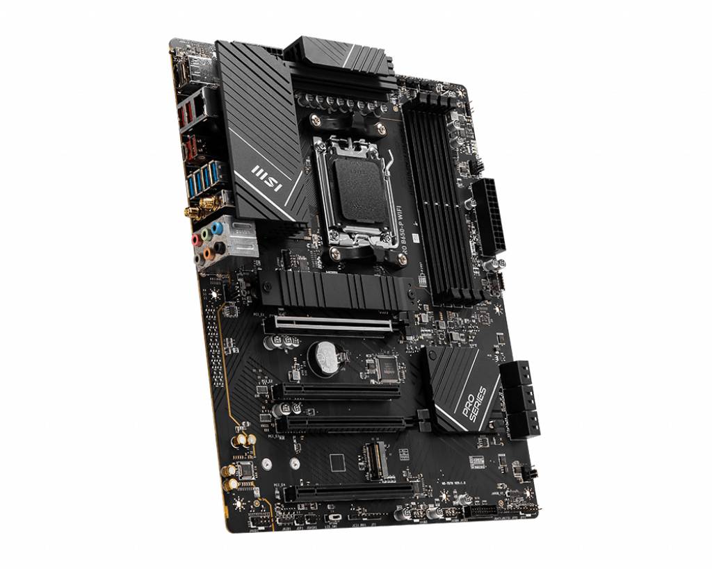 A black computer motherboard with expansion slots, USB ports, and audio jacks. Manufacturer's logo and model information visible.