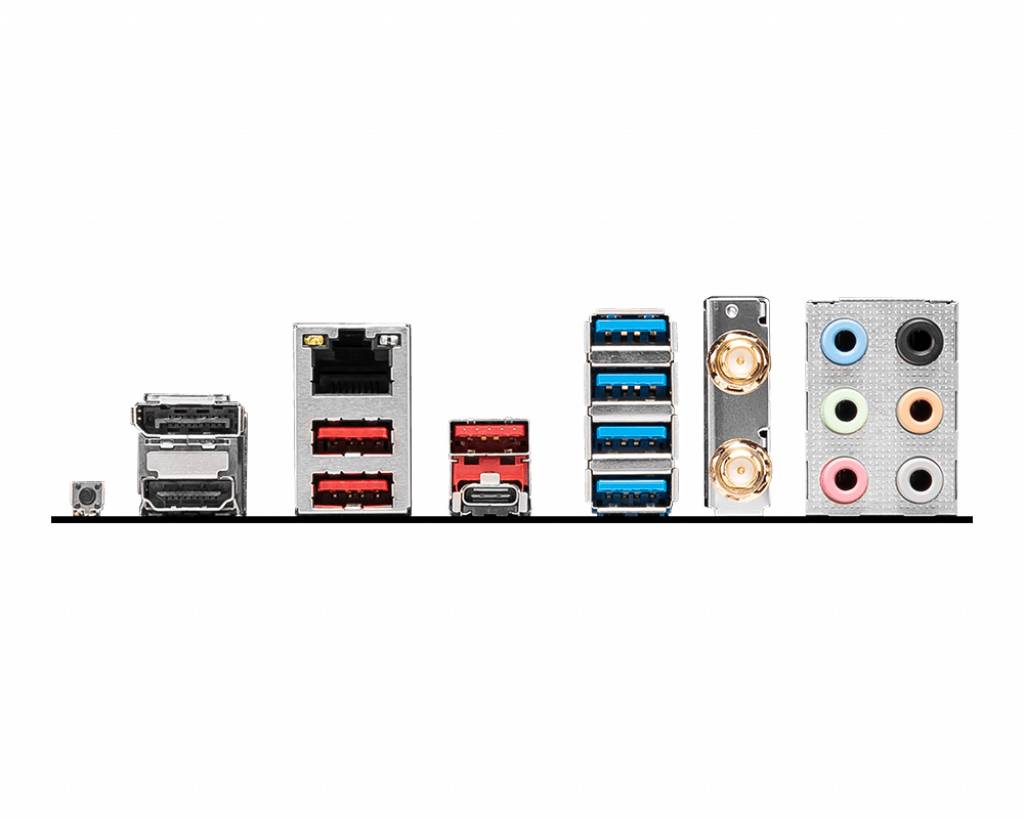Various computer ports on a motherboard, including HDMI, Ethernet, USB ports and audio connections.