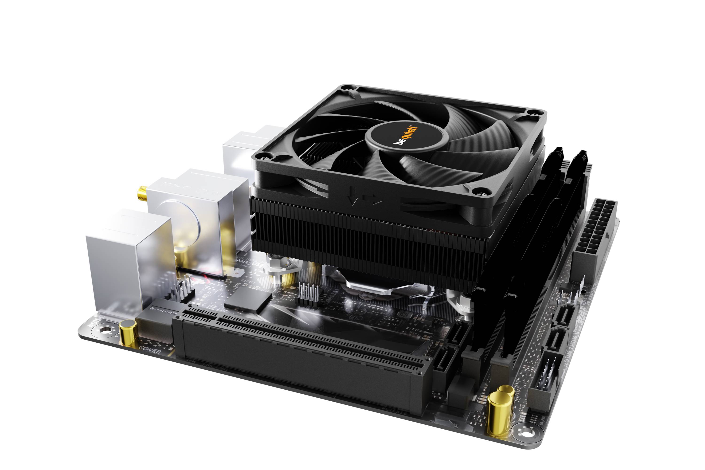 A computer motherboard with an installed CPU fan and multiple expansion slots and connectors.