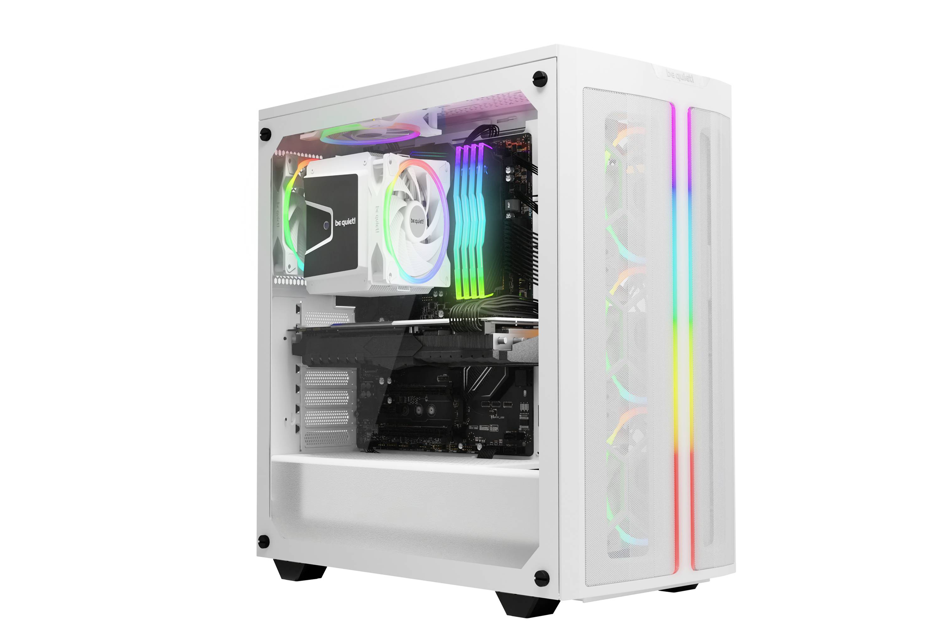 A white PC gaming tower with a side glass panel displays colourful RGB lighting and high-performance hardware inside.