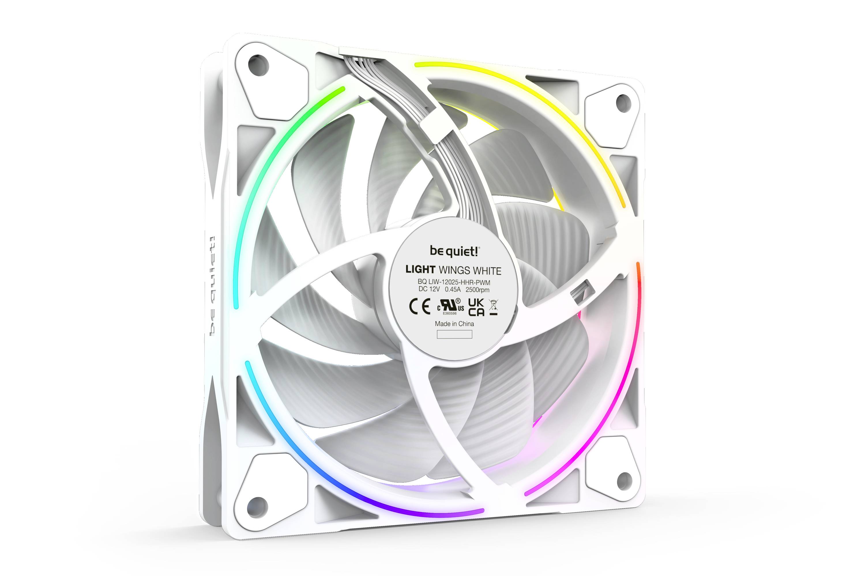 A white computer fan with RGB lighting, brand 'be quiet!'. The fan displays CE and FCC markings.