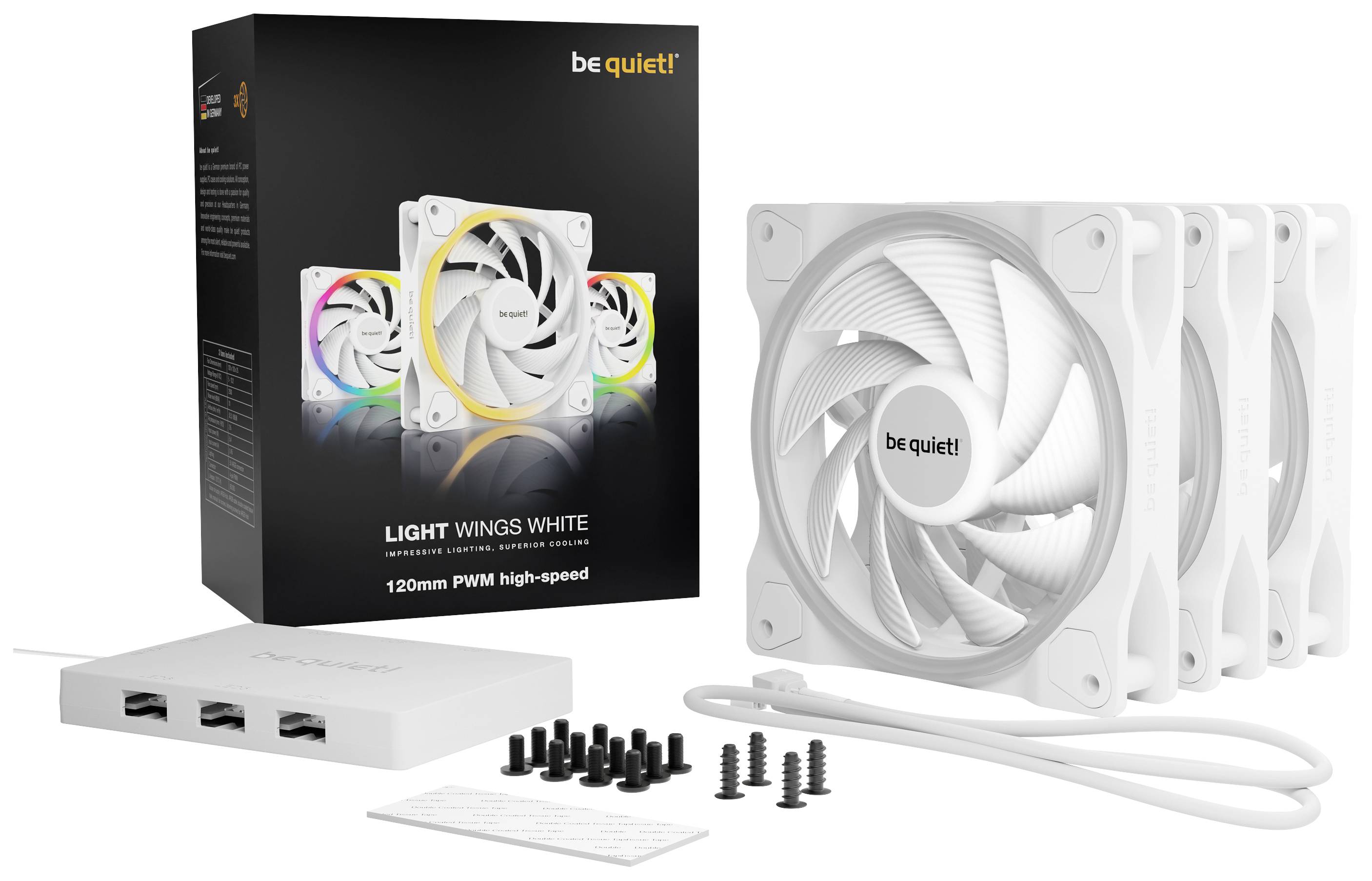 Be quiet! Light Wings White 120mm PWM Fan Set with three fans, control module, cables and screws, shown in white design.