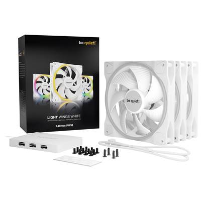 Four white illuminated fans with the 'be quiet!' logo and accessories, including screws and cables, displayed alongside the packaging.