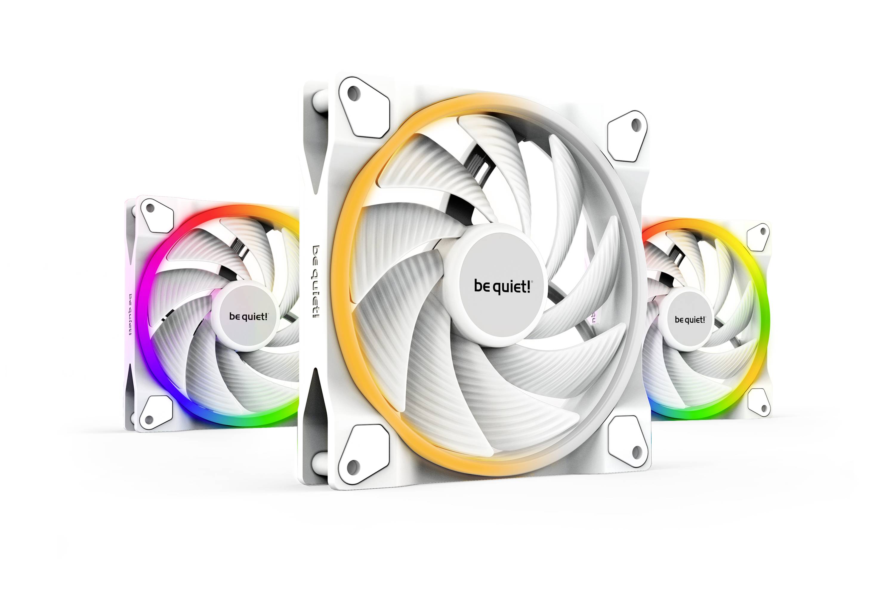 Three computer fans in white with RGB lighting. Each fan has a 'be quiet!' logo in the centre, illuminated in orange at the front.