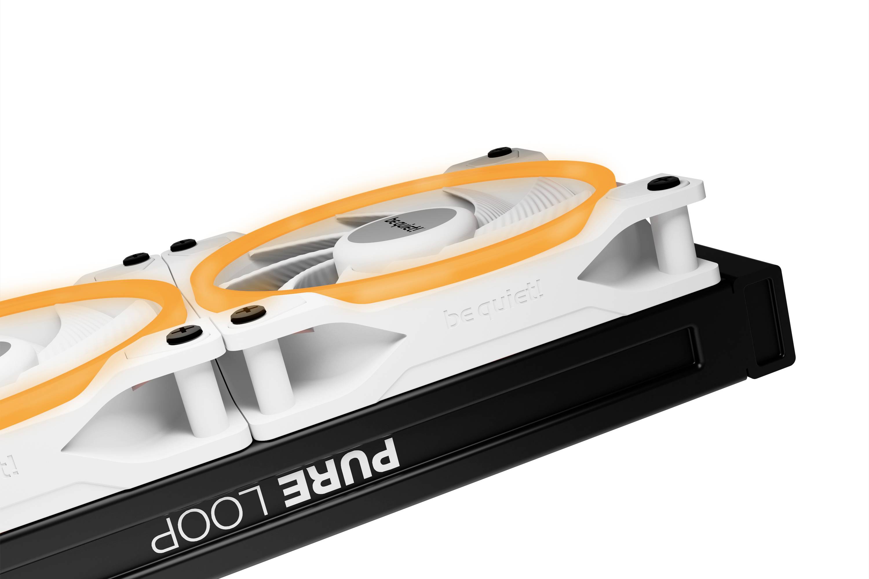 Two illuminated PC fans, mounted in a 'Pure Loop' cooling enclosure by be quiet!, suitable for cooling computer hardware.