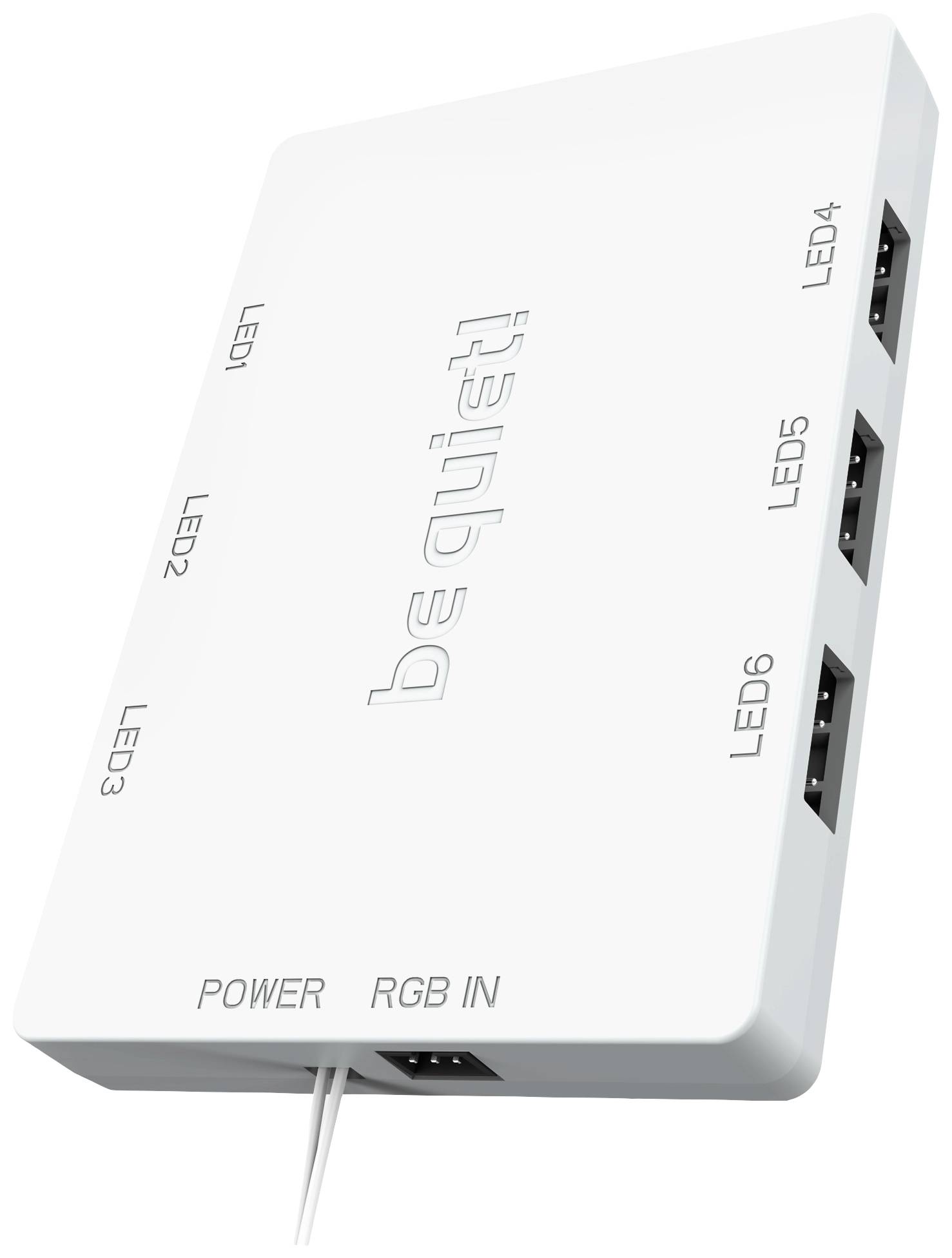 External RGB LED control box in white with six LED connectors and labels for 'Power' and 'RGB IN'.