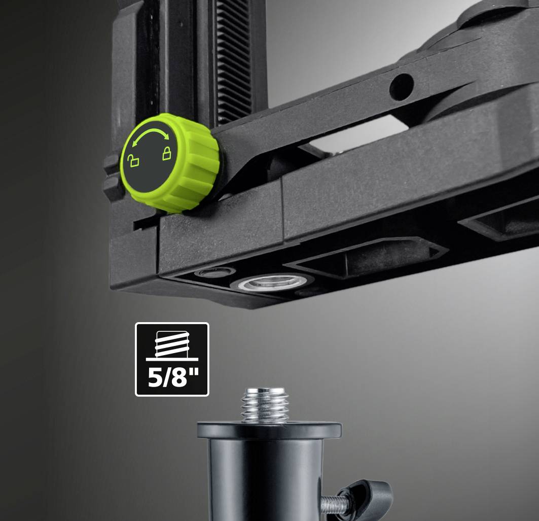 A black tripod adapter with screw mounting is visible. A green symbol shows a lock. Below, a display reads '5/8"'.