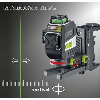 A laser measuring device with a green laser line and vertical alignment. The main features are adjustable arrows and a measuring ruler.