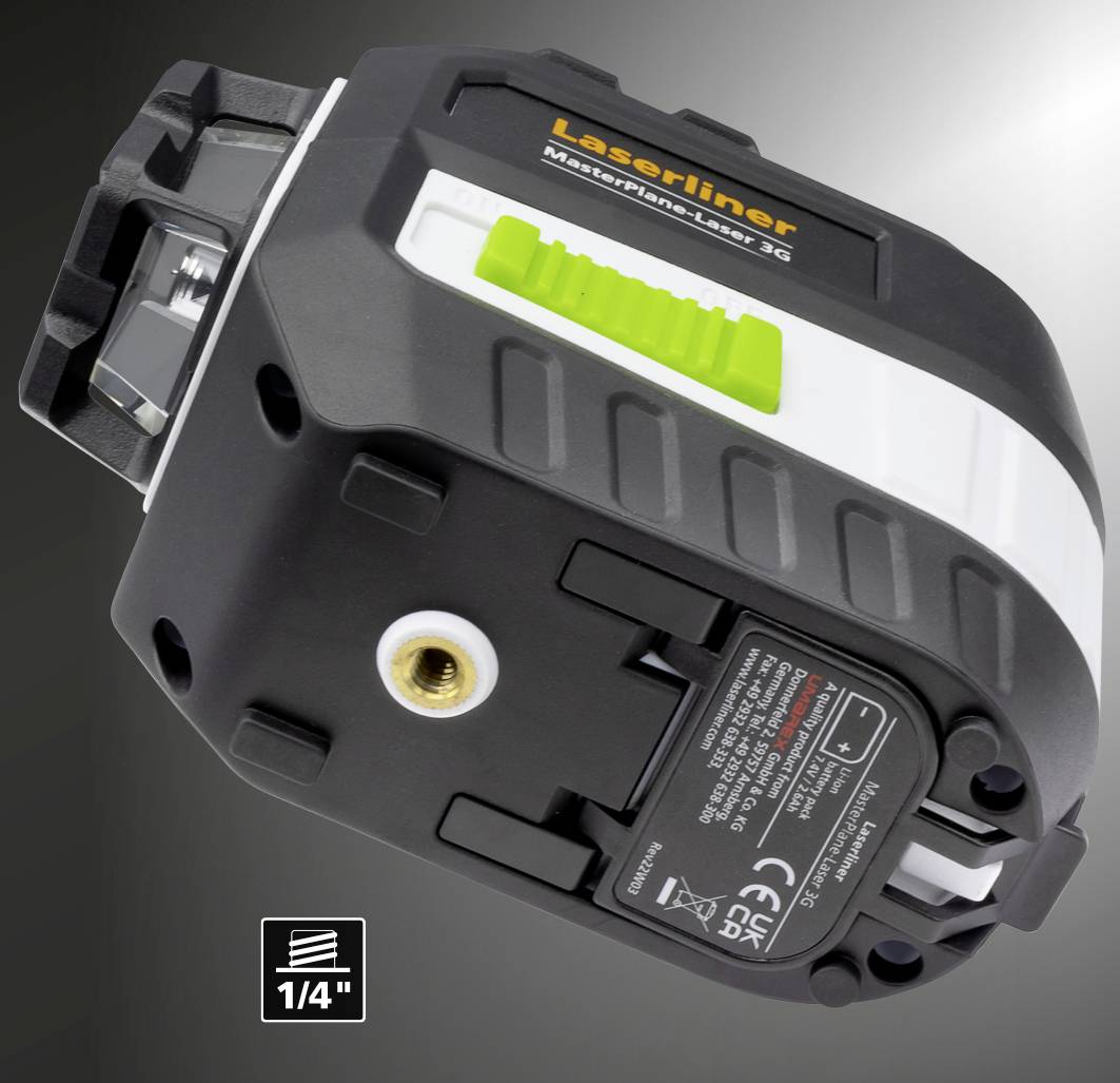 Laser spirit level with green laser, showing gradient and angle. Rear view displays power socket and certification sticker.