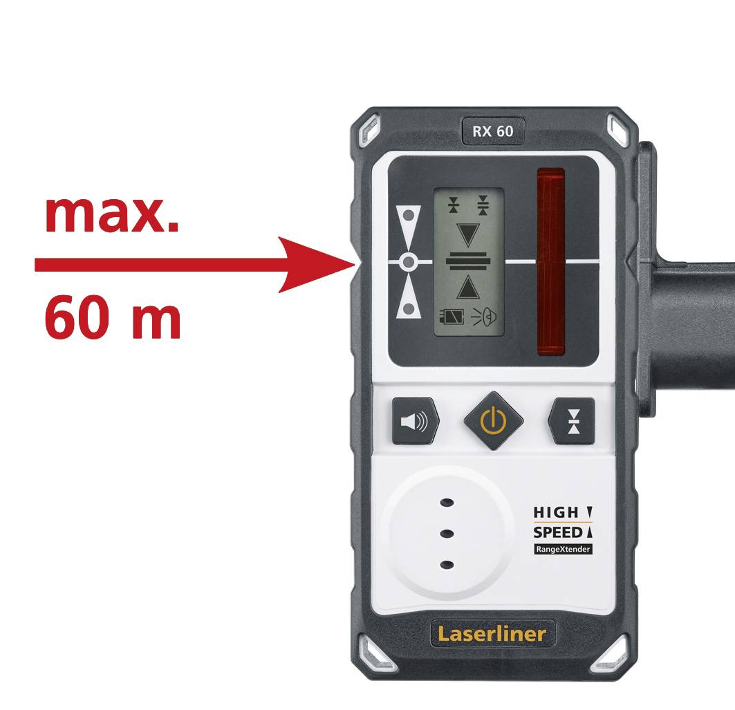 Hand receiver for Laserliner to receive laser signals, maximum range 60 metres, with display and button functions.
