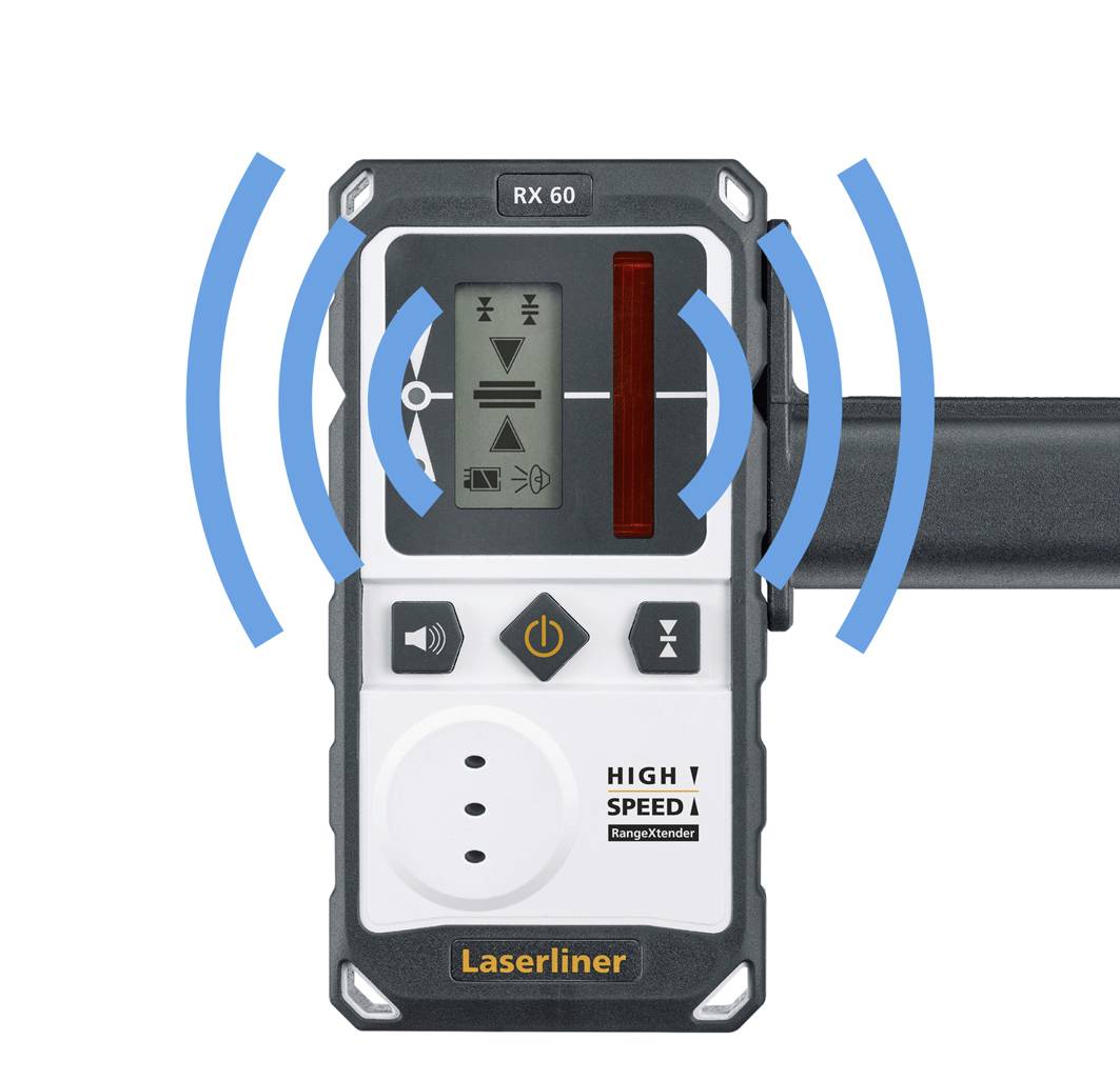 A laser receiver with display shows symbols for status indication. Blue wavy lines indicate signal reception.