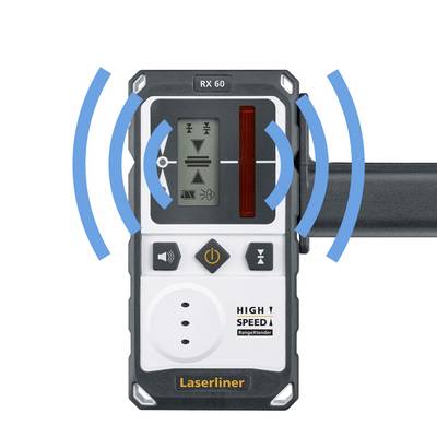 A laser receiver with display shows symbols for status indication. Blue wavy lines indicate signal reception.