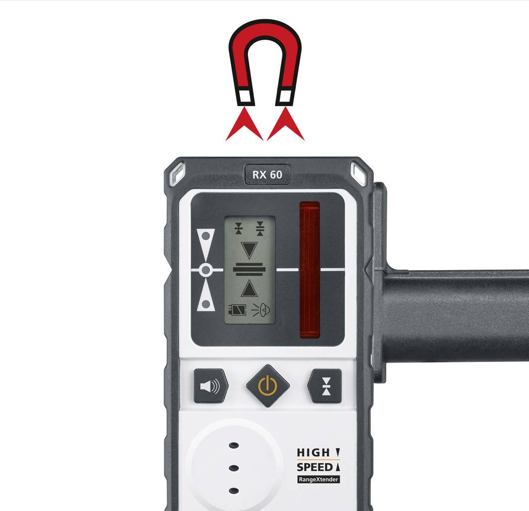 A portable device for laser control with a display and control elements, with a symbol featuring red arrows at the top representing a magnet.
