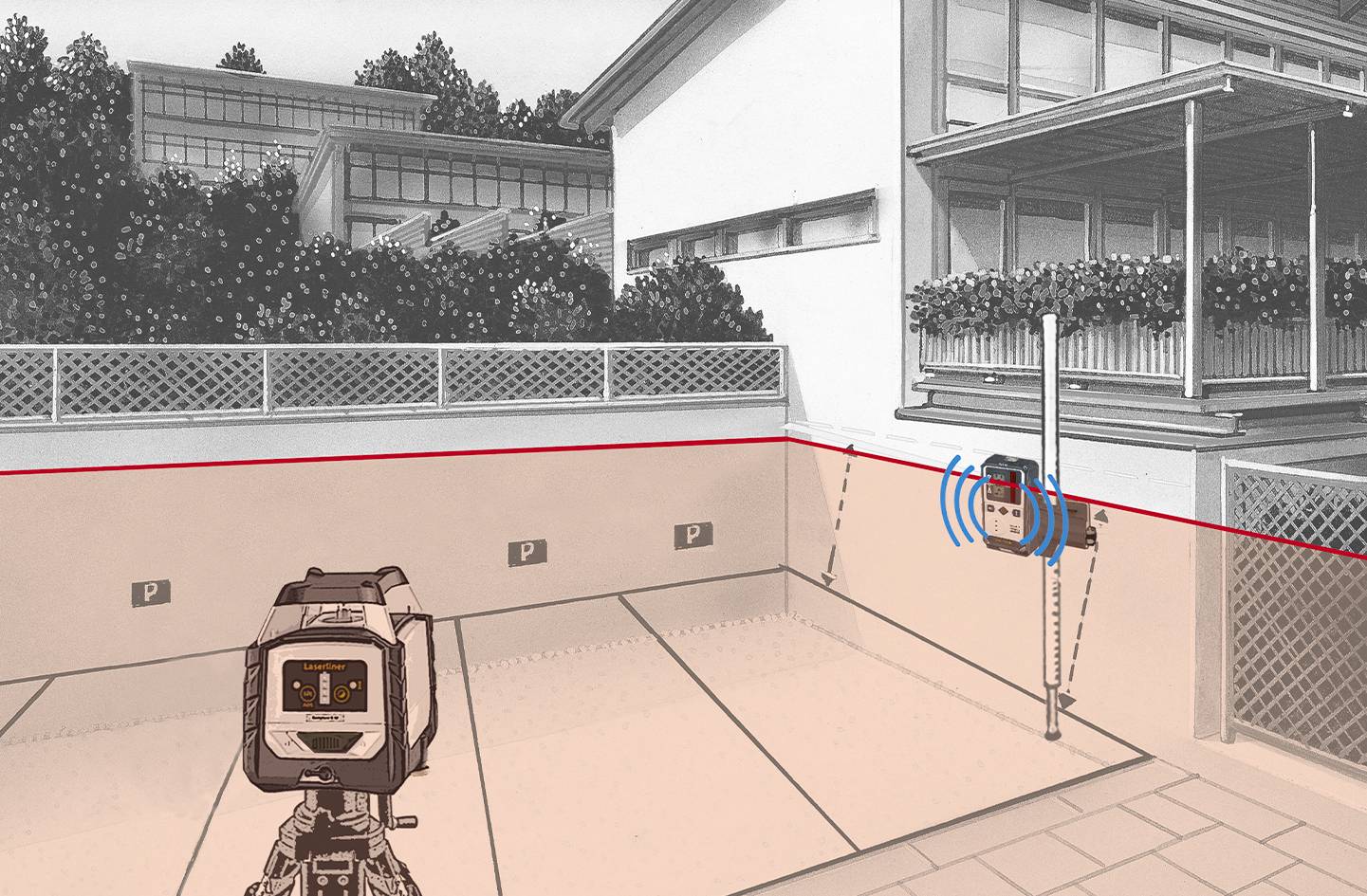 A digital device in an empty pool with coloured lines for measurement. Buildings are located in the background.