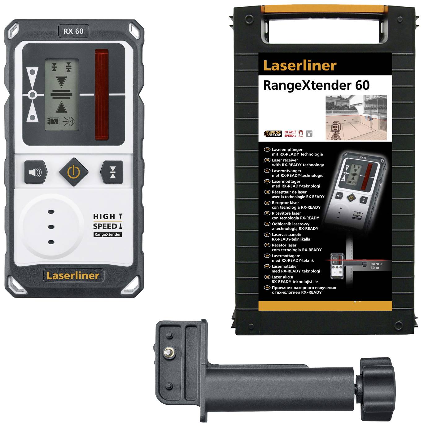 'Laserliner RangeXtender 60' receiver with mounting bracket and packaging. The receiver features a digital display and control elements. Packaging displays product description and technical specifications.