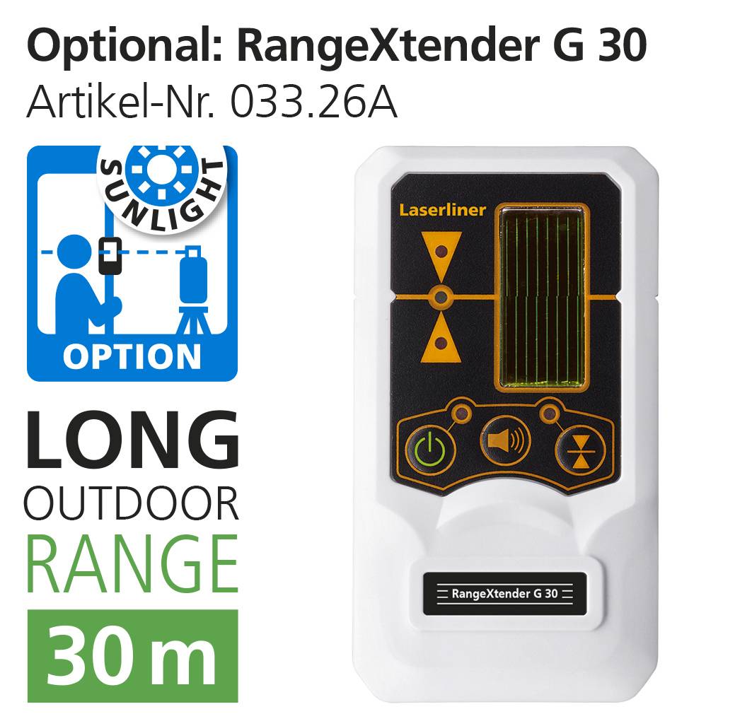 'Optional: RangeXtender G 30, Article No. 033.26A' with symbols for sunlight option and 30 m range for outdoor use.