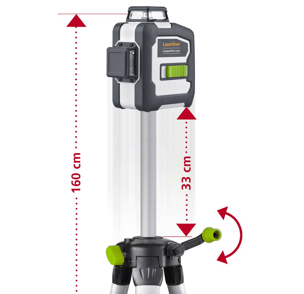 Laser level on tripod, adjustable from 33 cm to 160 cm in height, with rotatable handle for precise height adjustment.