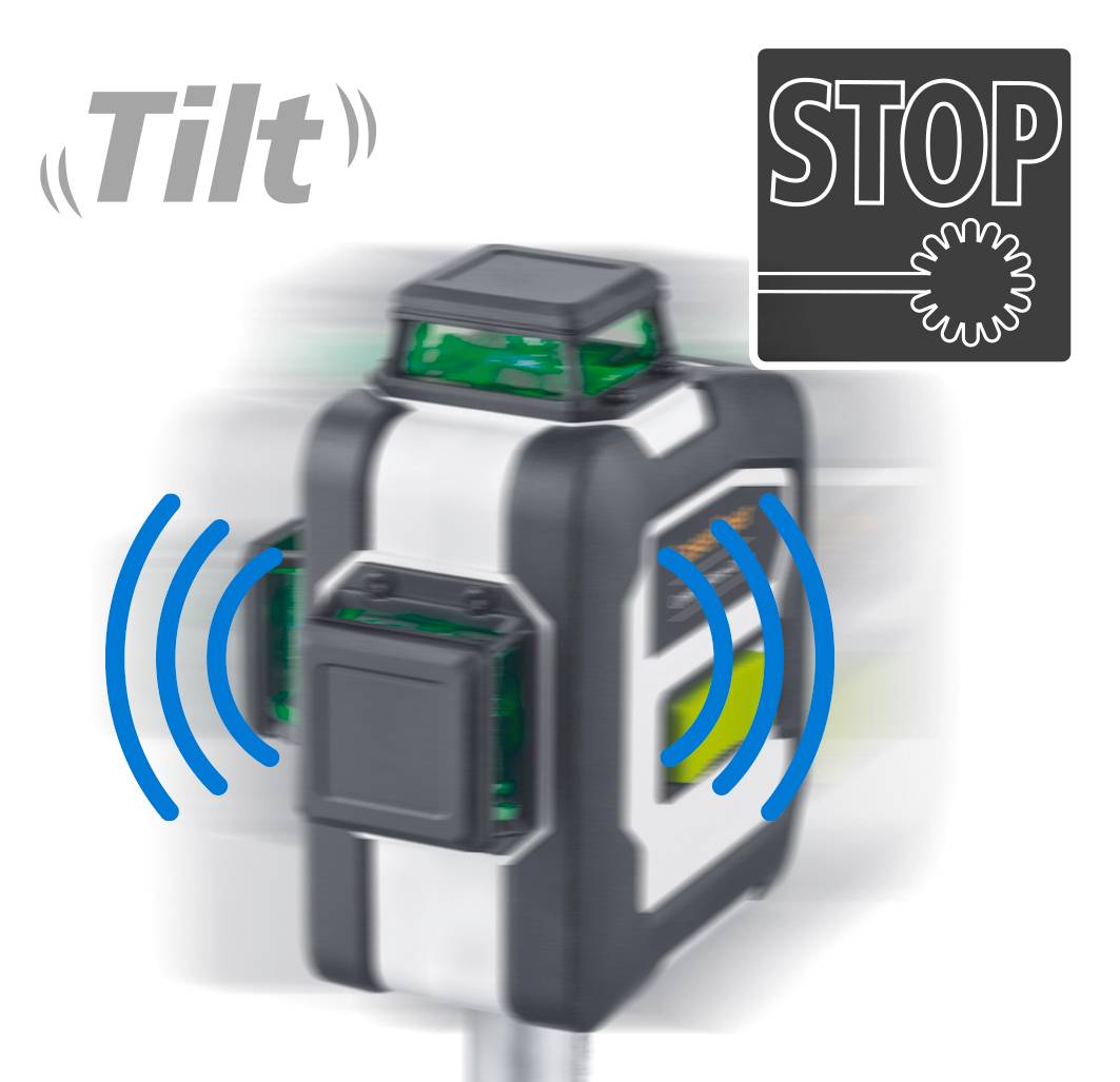 Inclination sensor with blue signal waves, showing movement; on the right, a 'Stop' symbol with a cogwheel.