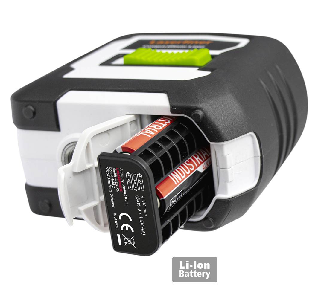 A portable device shows a removable battery compartment with a 'Li-Ion Battery' label and two visible batteries.
