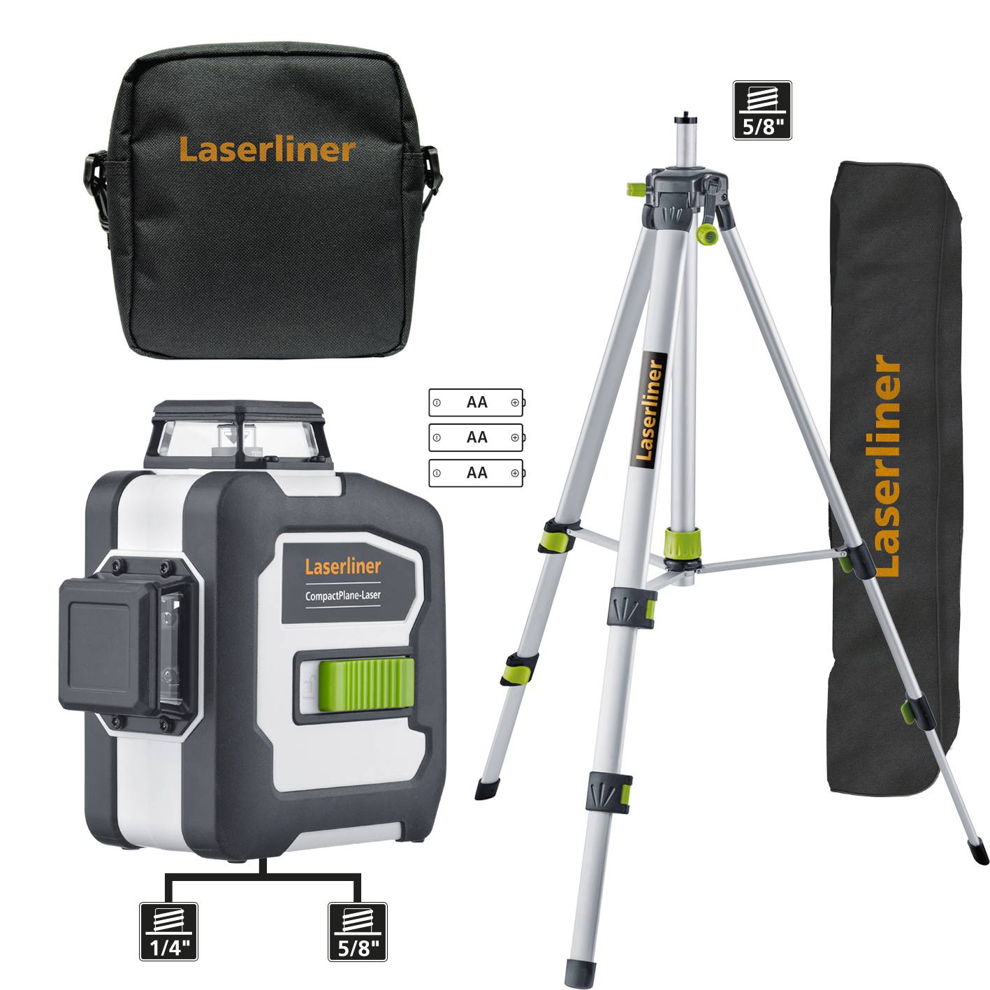 Portable laser tool collection with bag, tripod and accessories, designed for precise measurements and construction site applications.
